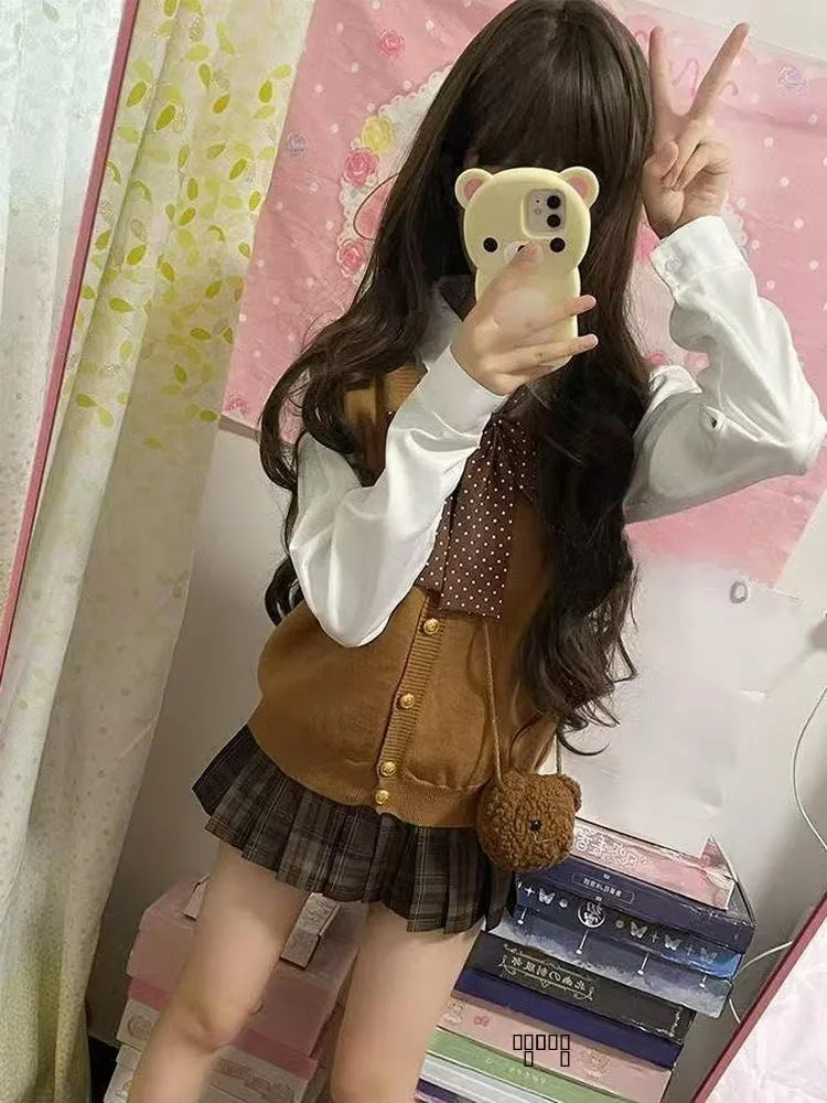 

Коричневый вязаный свитер, школьный кардиган, жилет с верхом и юбкой, японский комплект Sle Faion для женщин