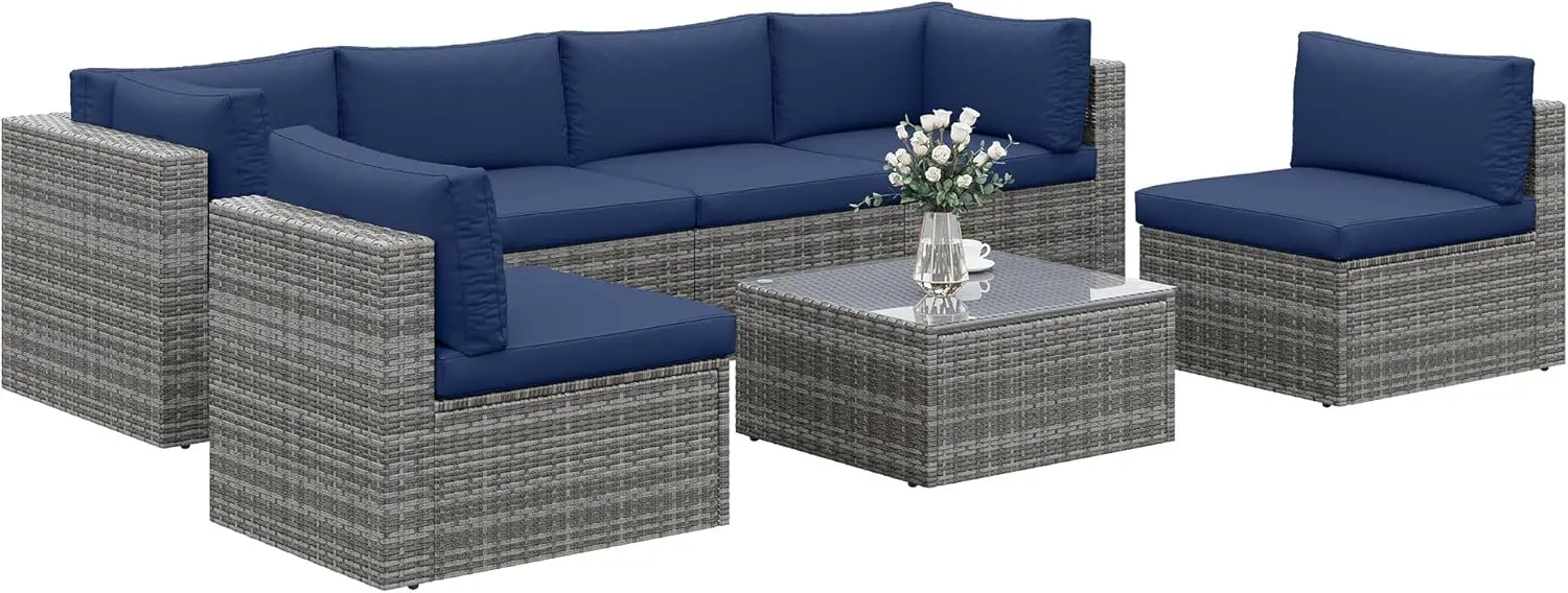 

7-Piece Modular Patio Furniture Set, Wicker Outdoor Sectional Sofa with Cushions and Coffee Table, All Weather Patio Conversatio