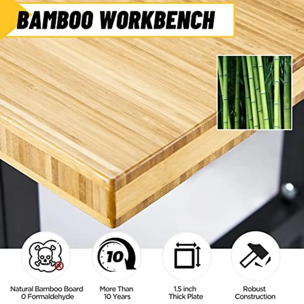 ปรับความสูง Mobile Workbench พร้อมลิ้นชัก 2700 ปอนด์ความจุ Outlets ล้อหมุนไม้ไผ่โรงรถเครื่องมือ