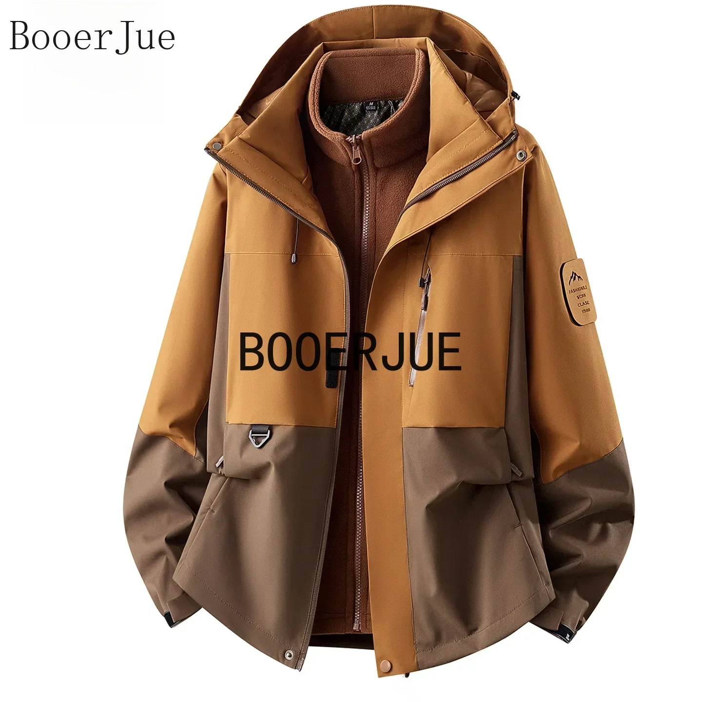 Unisex Waterproof Windproof Workwear Jacket Hooded Patchwork Three-in-One Two-Piece Set Multi-Pocket Coat Hiking Outdoor Sports