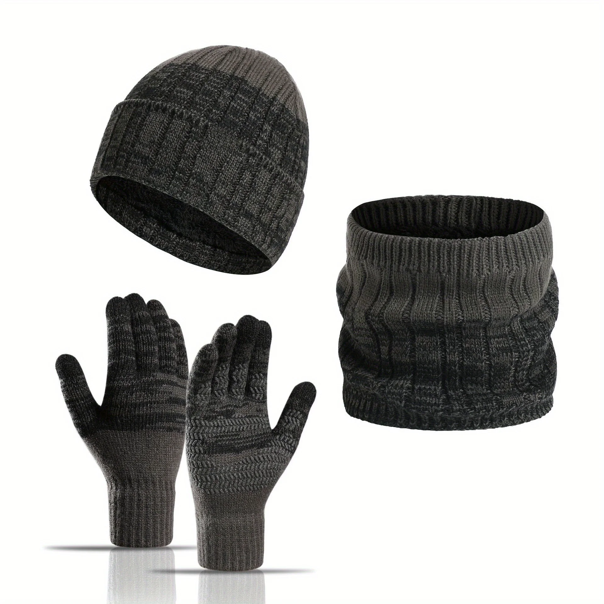 Outdoor Neck Warmer Set 3Pcs Fleece Lined Thickened Knit Hat For Men Women Winter Cold Weather Windproof Protection