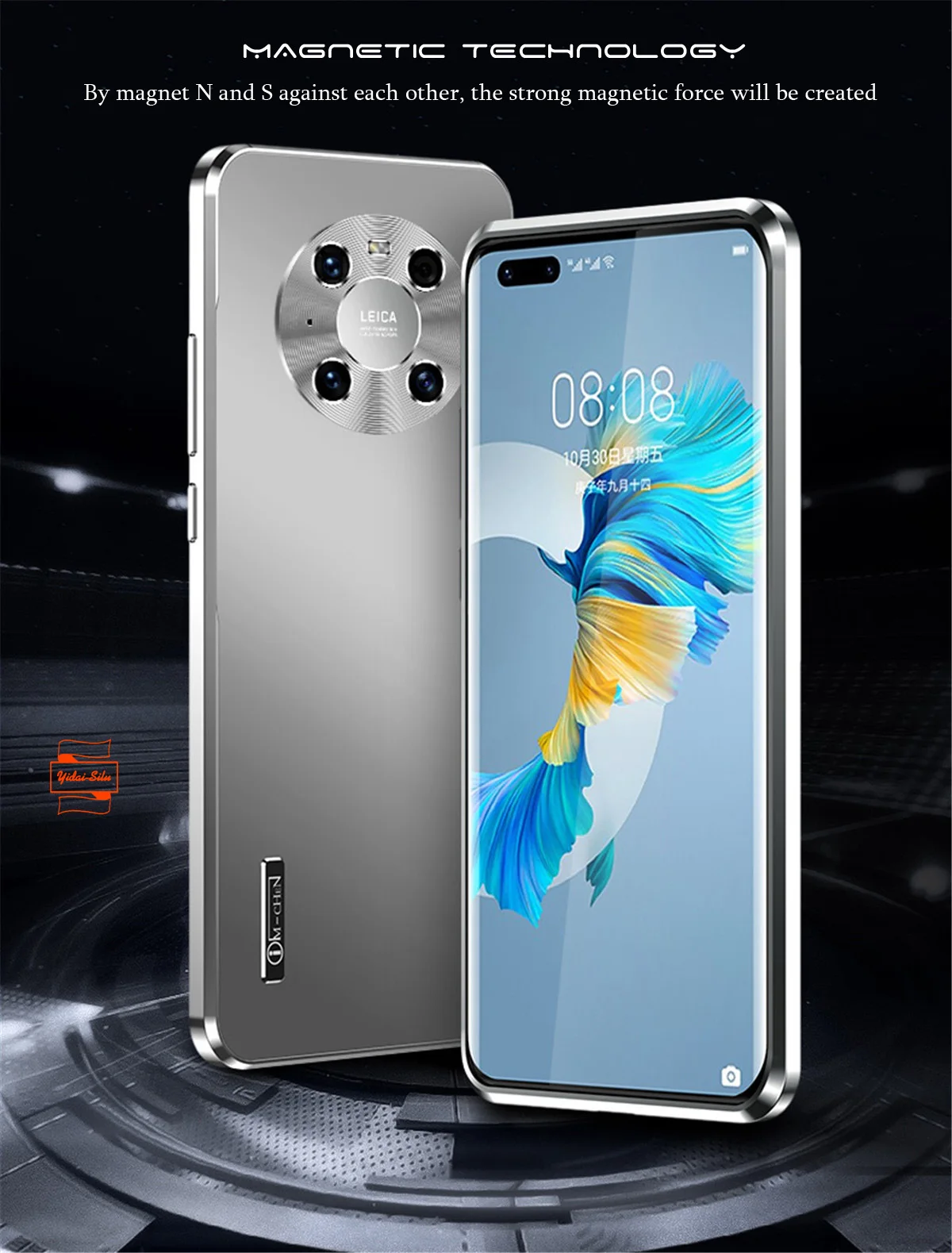 

Yidai-Silu Metal Case Camera Protection Magnetic Adsorption Magnet Aluminum Alloy Anti-fall Back Cover for HuaWei Mate 40 Pro