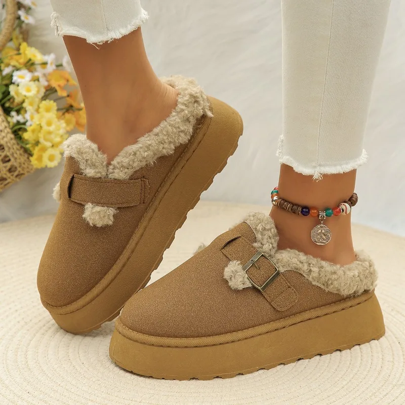 2024Fashion Plush Flat Shoes Women Suede Round Toe Solid Color Women Snow Boots Warm Flat Non-slip Women Ankle Boots Botas Mujer