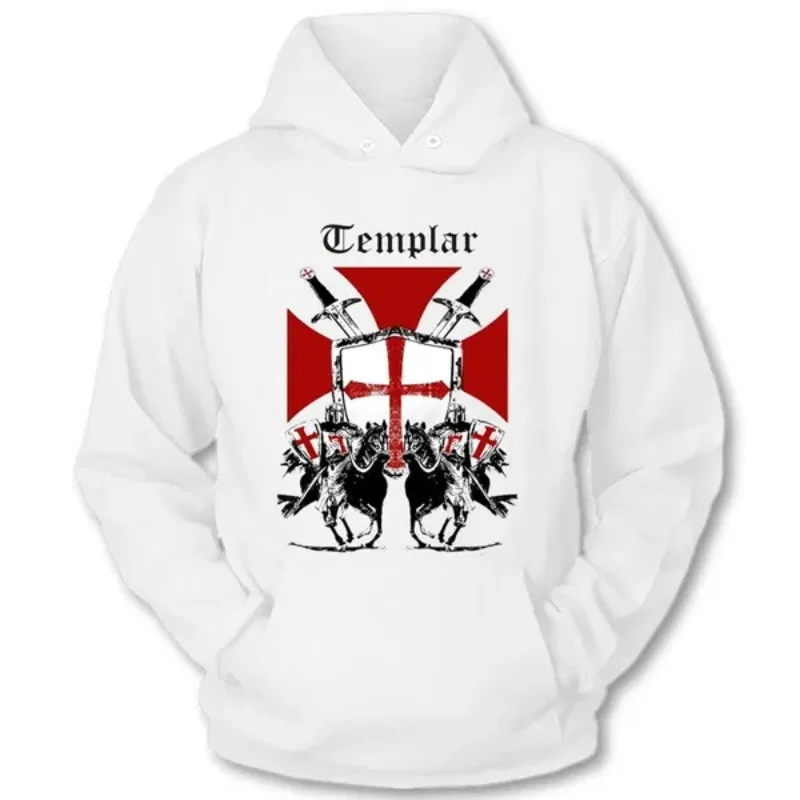 New Cool Knight Templar Watch Your Shoulder Men White Hoodie Tops Polyester Sweatshirt Tracksuit Streetwear Four Seasons