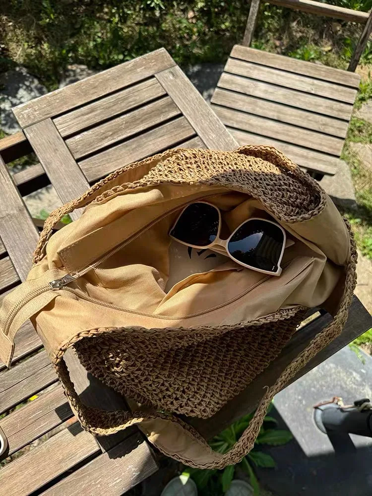 حقيبة منسوجة يدويًا من القش للنساء حقيبة يد منسوجة يدويًا من العشب، حقائب يد ذات سعة كبيرة