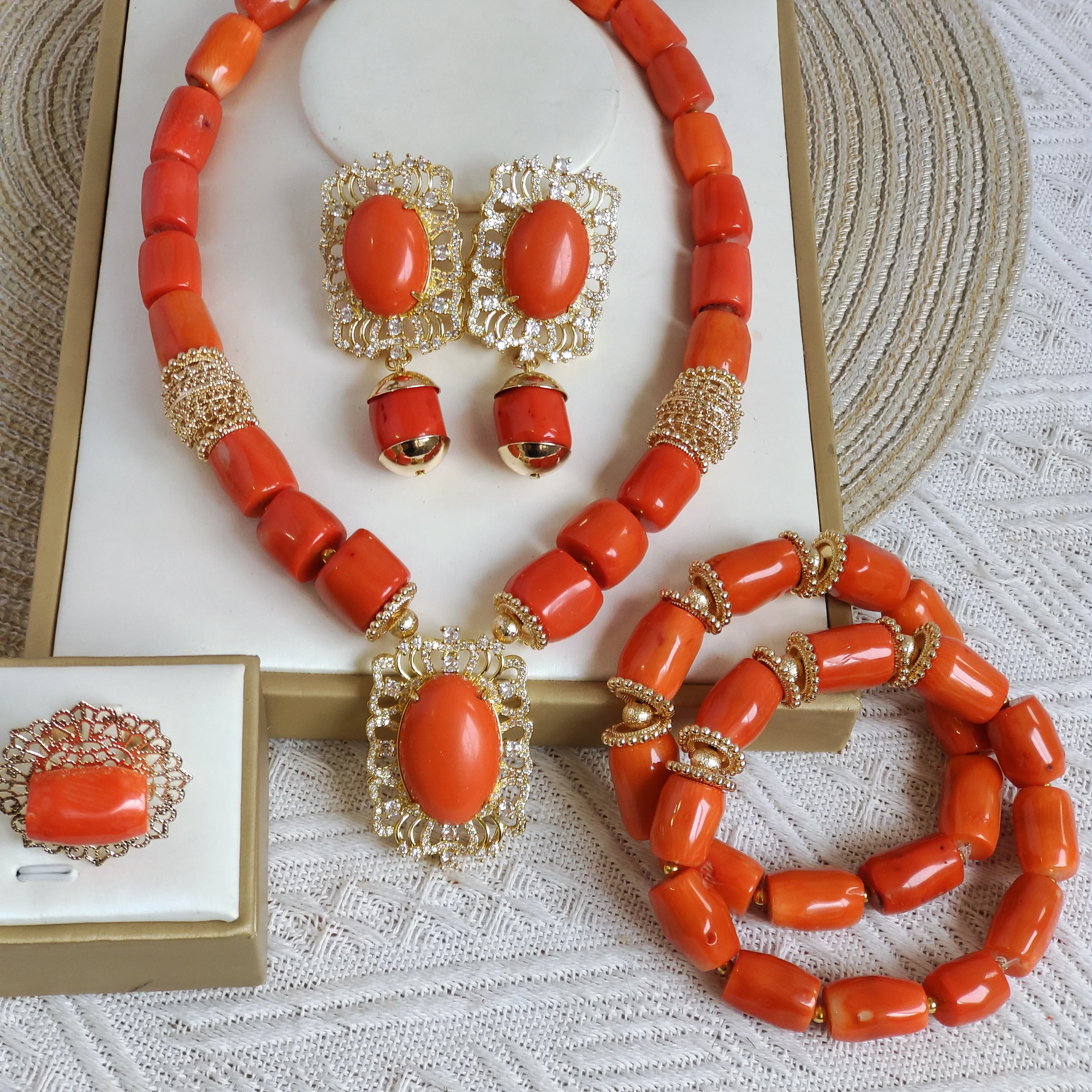 

Aczuv orange original coral necklace nigerian wedding african bead jewelry set
