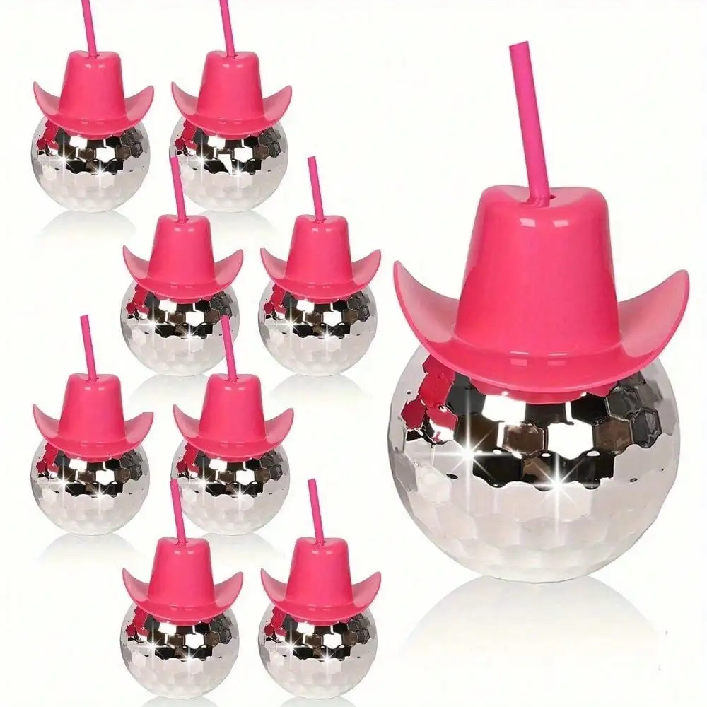6pcs Sparkling Pink Disco Cowboy Hat Cups, 20oz - Ideal For Bachelorette & Cowgirl Themed Parties, Nightclub Bar Decor With Glittery Ball Cocktail Glasses, Durable Plastic