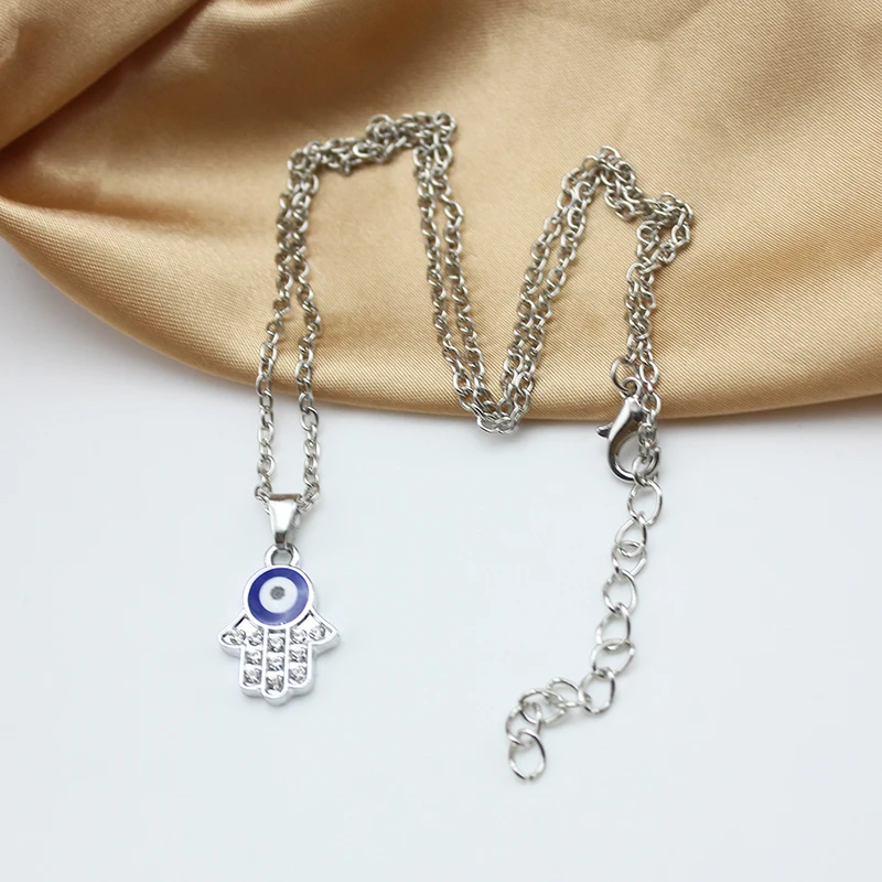 Korean Popular Crystal Fatima Enamel Palm Blue Evil Eye Pendant Fashion Chain Necklace Women Charm Clavicle Collar Jewelry Gift