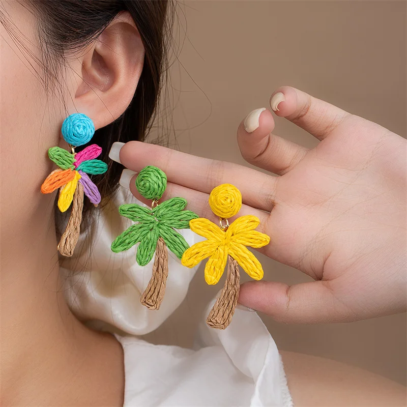 Sweet Colorful Woven Lafite Grass Coconut Tree Drop Earrings Women Beach Holiday Style Party Tassel Earrings Rattan Knit Jewelry