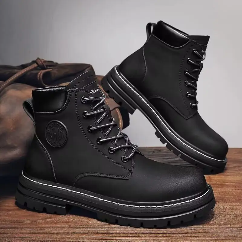 Men High Top Boots Fashion Casual Leather Boot Lace-Up Ankle Boot Non Slip Hiking Boots for Men Motorcycle Booties Botas Hombre