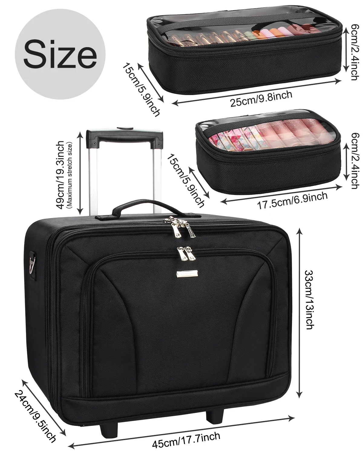 Relavel Extra Large Trolley Case With 4 Clear Pouch Portable Rolling Makeup Train Case Cosmetic Travel Organizer