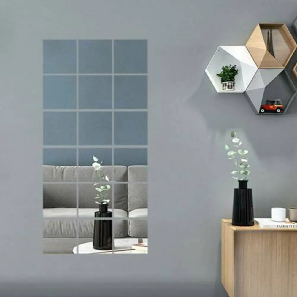 Decals Mirror Stickers Glass Home Mosaic Set Silver Square Tiles Toilet 15*15cm Wall 15CM 16Pcs Acrylic Bathroom