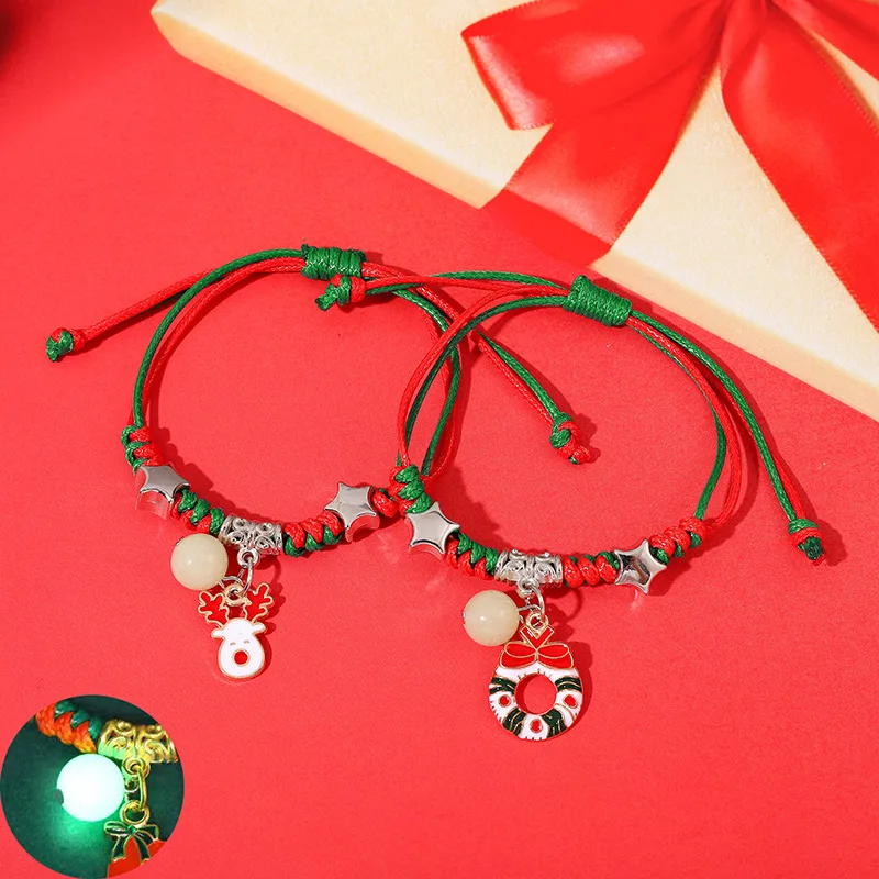 

2PCS Xmas Luminous Braid Bracelets Xmas Tree Bell Santa Snowflake Bracelet Charms for Women Men Gifts Trendy Christmas Jewelry