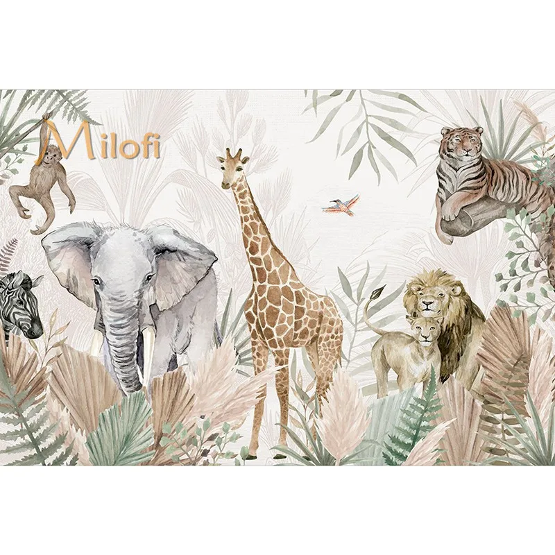 Milofi Aangepaste High-End Muurschildering Tropische Jungle Giraffe Warm Cartoon Behang Kinderkamer Woondecoratie
