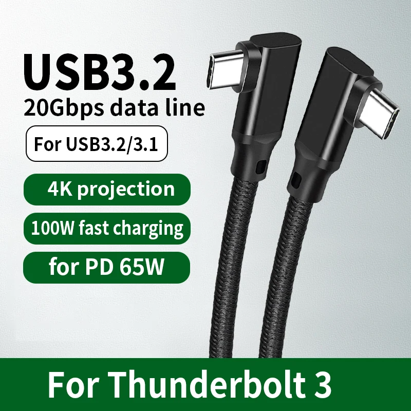 

100W PD 5A 90 degree USB3.2 Type-C Cable Video 4K @60Hz 20Gbps USB-C Gen 2 Cord For Macbook Pro Oculus Quest 2 VR cable