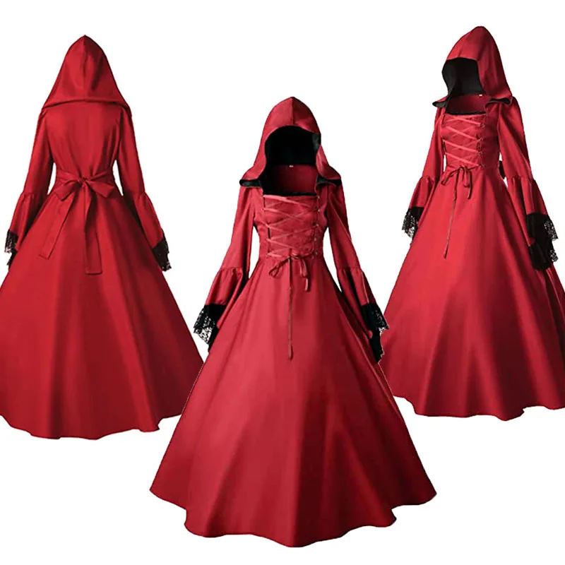 Medival Gothic Renaissance Cosplay Kostuum Dames Lange Rode Capuchon Jurk Vrouwen Retro Jumpsuit Jurk Outfits Halloween Feestpak