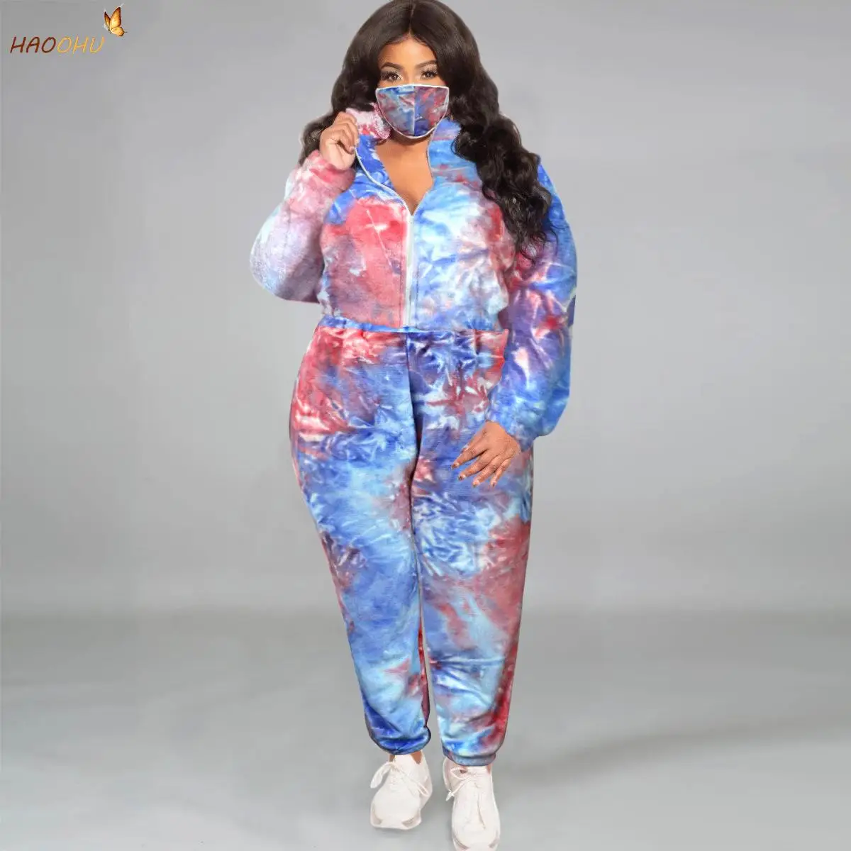 Haoohu Vrouwen Plus Size Set Washandje Tie-Dye Home 3 Stuk Gezichtsmasker Mode Toevallige Set Urban herfst En Winter Katoenen Kleding