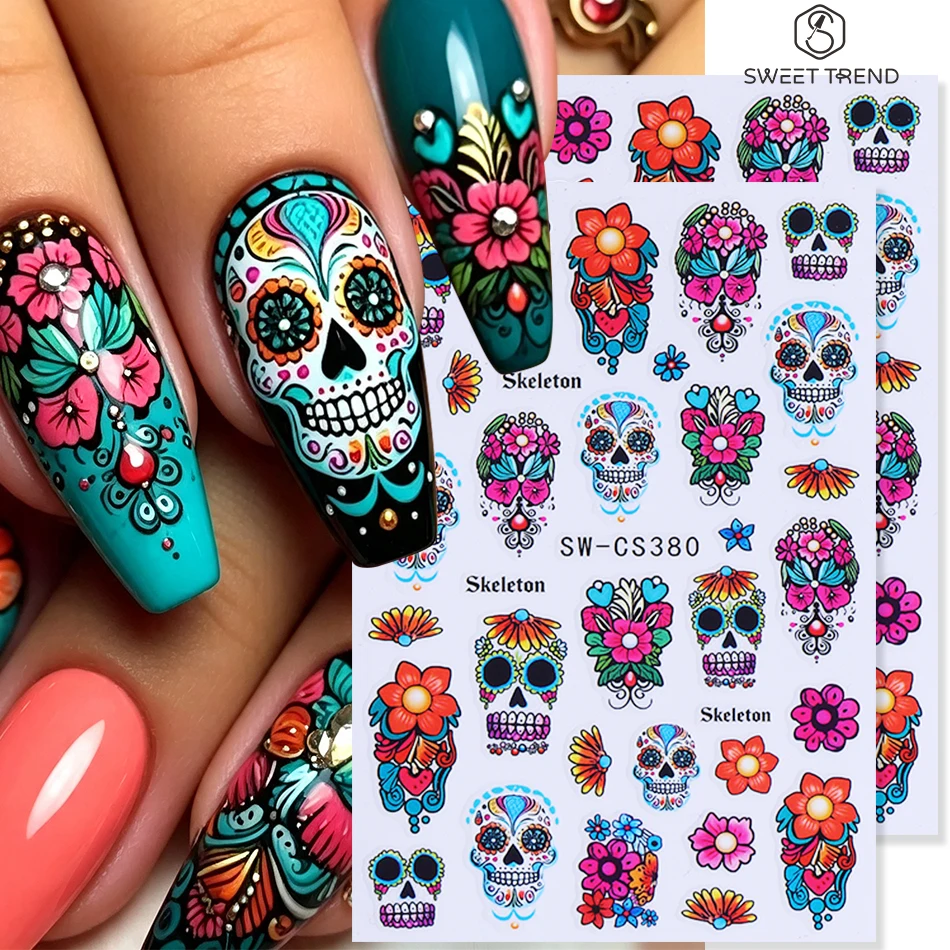 2 Stück Totenkopf-Nagelaufkleber Bunte Totenkopf-Blumen-Nagelsticker Selbstklebende Gothic-Skelett-Blumen Halloween-Maniküre-Dekoration