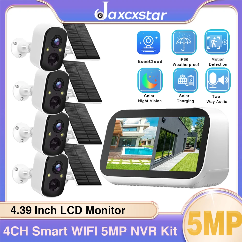 

4CH 5MP 4.39 Inch Mini Baby Monitor Surveillance CCTV Touch LCD Screen NVR Home Security Wireless Solar Battery Camera System