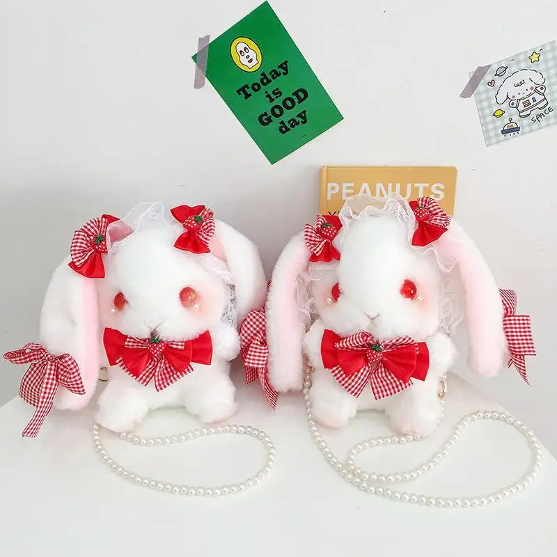 Borsa a tracolla in peluche di coniglio moda Lolita con catena di perle Borsa a tracolla soffice e carina Borsa per ragazze Kawaii Idea regalo