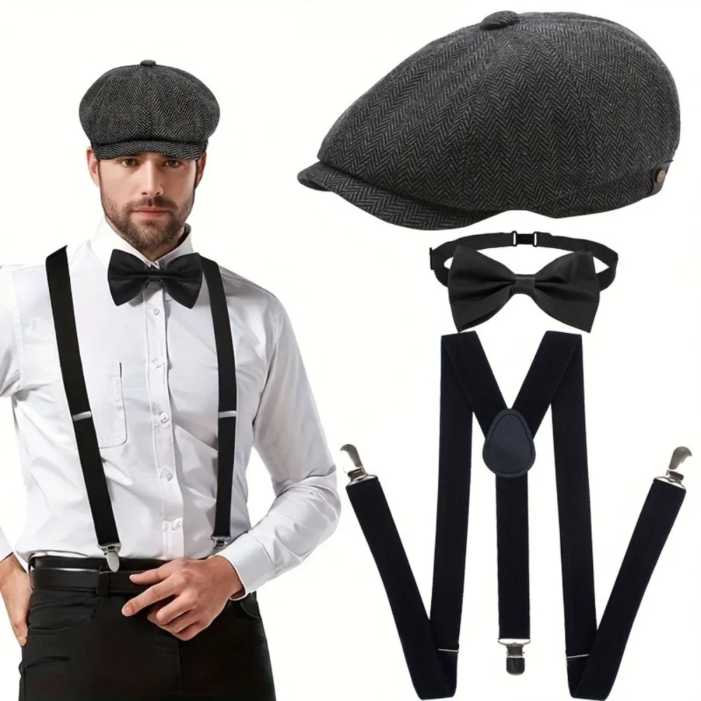 3-teiliges Roaring 1920s Kostüm-Set: Newsboy-Hut, Fliege, Verstellbare Hosenträger, Halloween-Kostüme für Erwachsene Männer