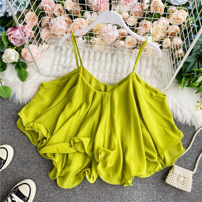 

Summer New Sweet Fre Sle Svel V-Ne Pure Color Ruffle Hem Chiffon Tank Top Korean Sle Commute Faion Women's Top