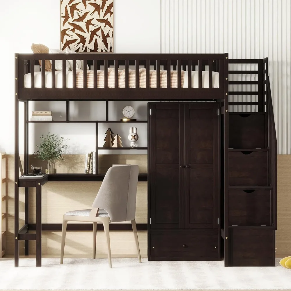

Twin Size Loft Bed with Desk, Loft Bed with Storage Shelves and Drawers, Wood Bed Frame with Wardrobe for Kids or Teens