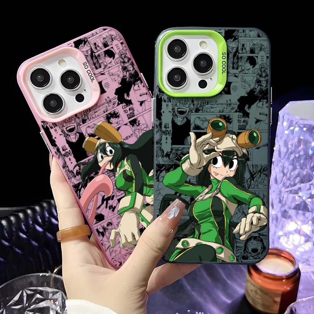 Anime T-Tsuyu Asui Phone Case For iPhone 16 15 14 13 12 11 Pro Max Pink Green Matte Laser Metallic Aurora Funda