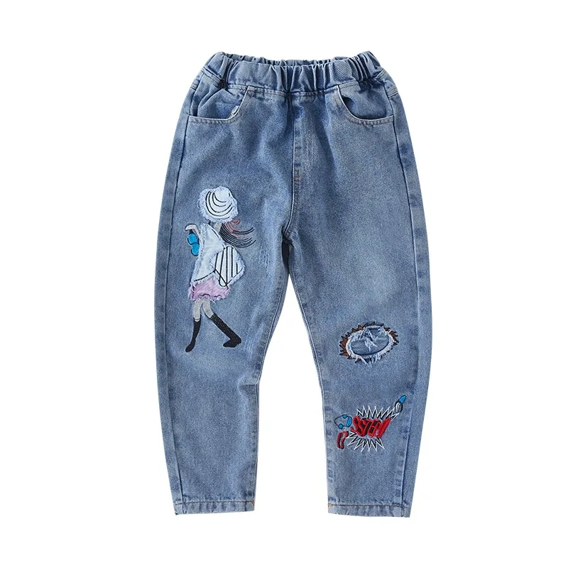 Girls Jeans spring autumn Casual Loose Side Gradient Color Young Children hole Wide Leg Pants3-12Years Teen School Kids Trousers