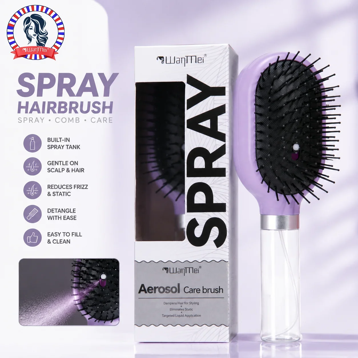 WanMei 2-in-1 Spray Air Cushion Hair Brush Refillable Anti Static Detangling Comb Portable Travel Salon Styling Care Brush