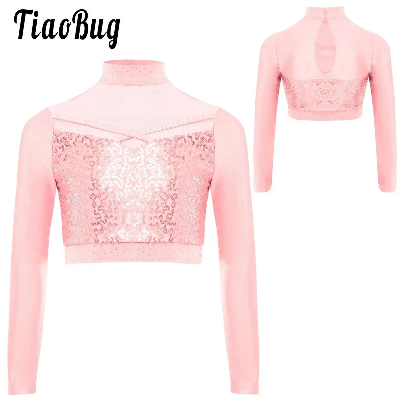 

Kids Girls Figure Skating Jazz Dance Performance Costume Modern Dance Shirts Long Sleeve Sheer Mesh Patchwork Sequins Crop Top
