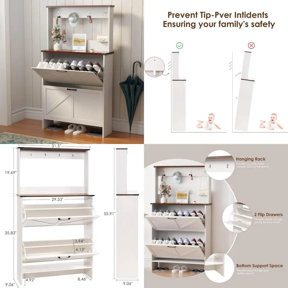 

Farmhouse Style Shoe Cabinet with Hanger for Entryway, Living Room, Holds 12 Pairs of Shoes