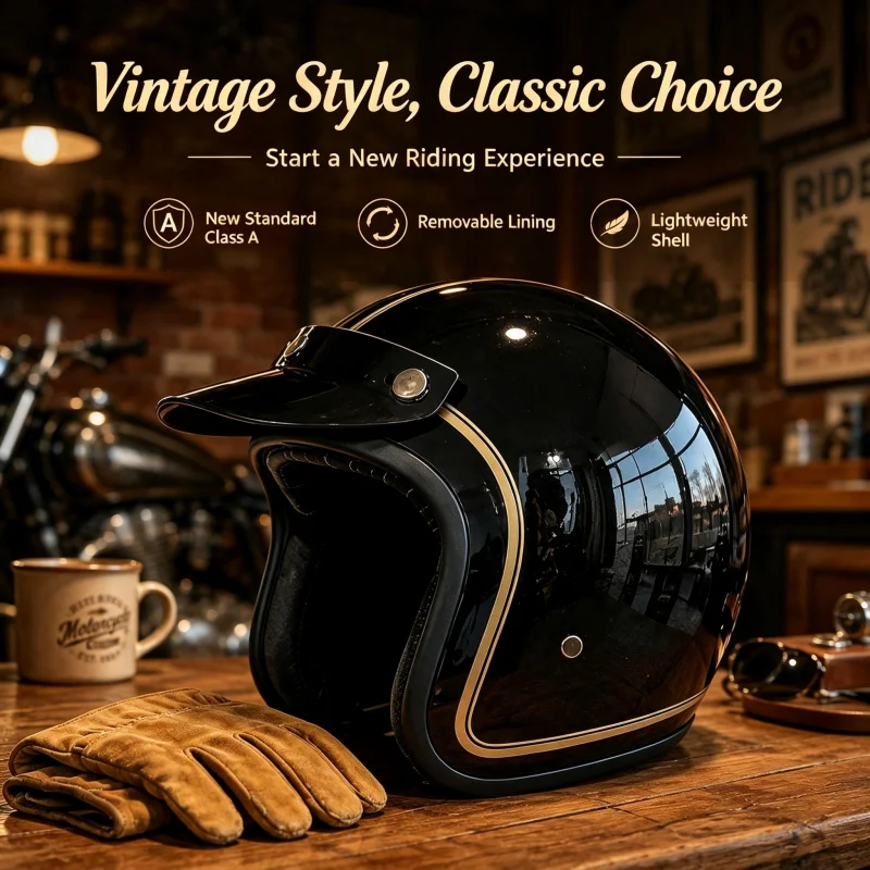 Retro German Style 3/4 Jet Open Face Motorcycle Helmet, ABS Shell DOT Approved Safety Helmet for Men Women, Four Seasons Use