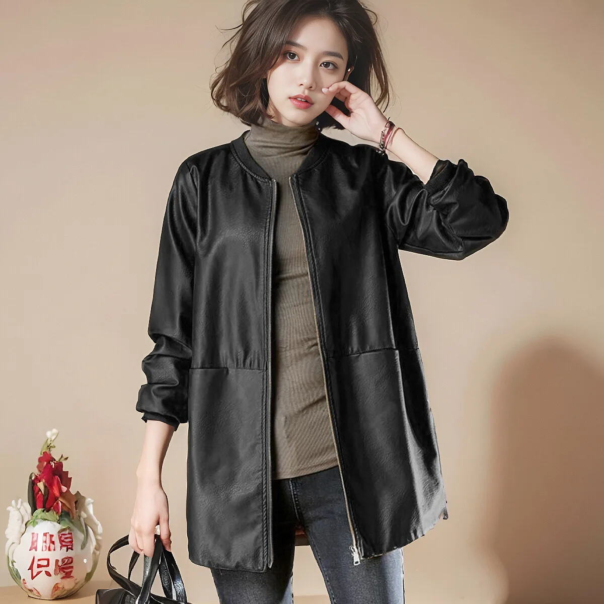 Bla Leather Jaet Donna Primavera Autunno Lunghezza media Allentato Mom Faion Hong Kong Sle Cappotto in pelle PU Chiusura con cerniera