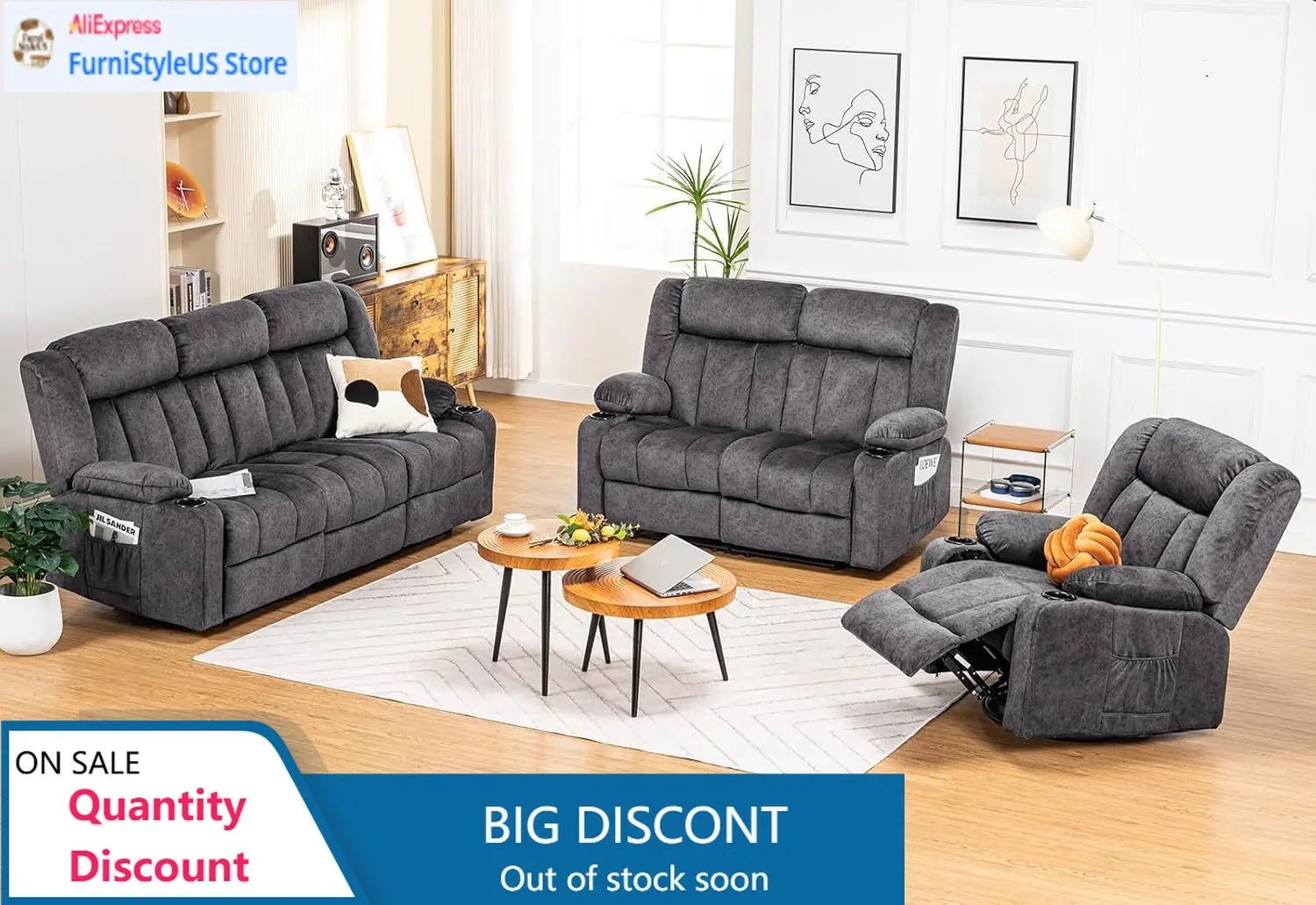 

Комплект кресел-реклайнеров с ручным управлением, тканевый диван-реклайнер с подстаканниками, обитый тканью реклайнер с боковыми карманами