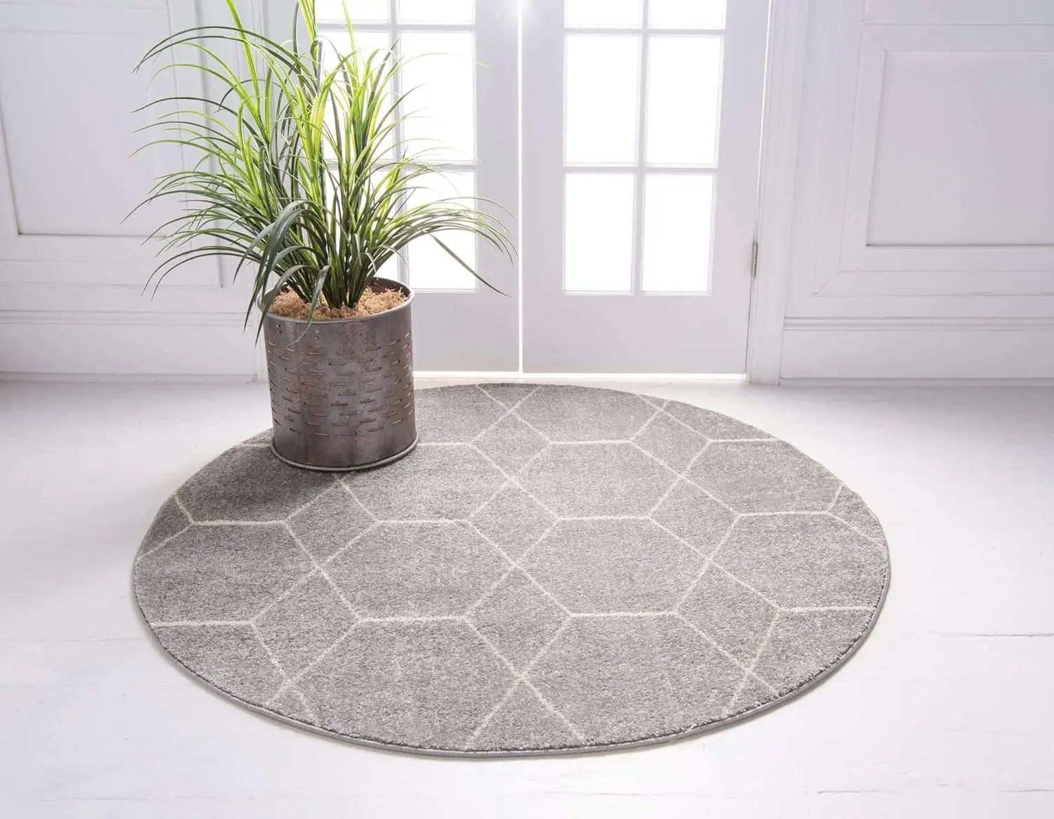 Geometric Round Area Rug – Modern Trellis Pattern Non-Slip Washable Carpet for Living Room Bedroom Decor
