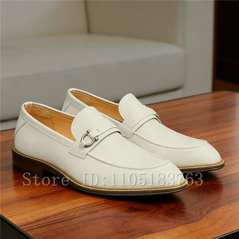 Men's Classic Genuine Leather Loafers Metal Buckle Decor Slip On Formal Business Wedding Party Casual Handmade Oxford Shoes