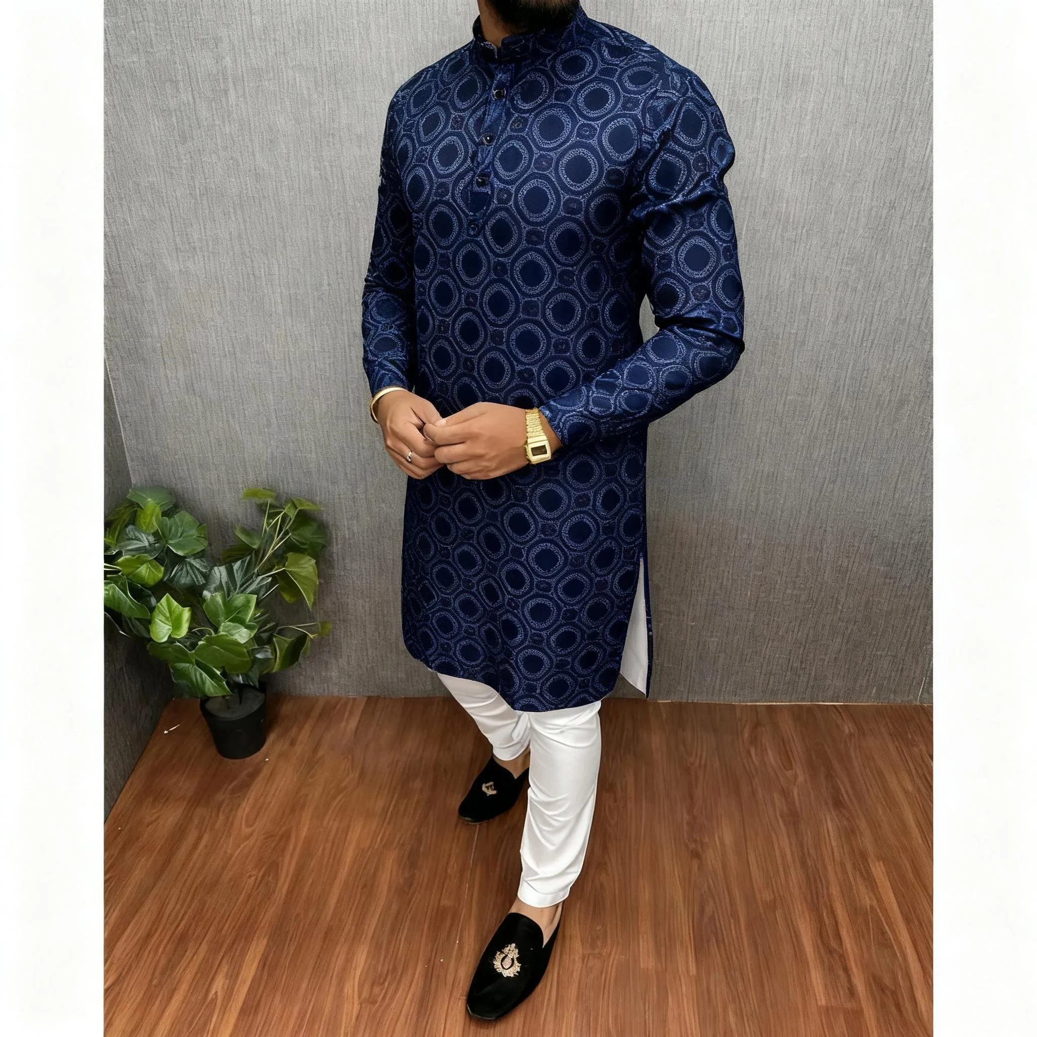 쿠르타 바르다 레귤러 핏 만다린 칼라 롱, 결혼식, 하리 라야, 아이딜피트리 등 국가 스타일에 적합, 무슬림 남성, 아랍 스타일