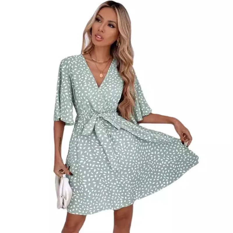 Women Boho Print Dress 2025 Summer Elegant Short Sleeve V Neck A Line Dresses Casual Loose Beach Party Sundress