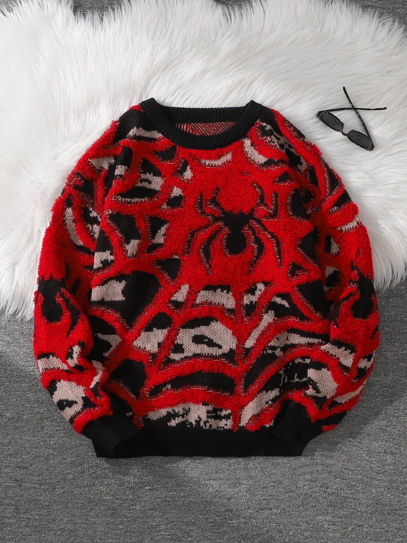New Trendy Double-Sided Spider Jacquard Pattern Pullover Sweater, Casual Round-Neck Color-Block Knit Men's Pullover, Suitable for Everyday Wear, Unisex Top for Going Out, Regular Fit, Suitable for Autumn and Winter Seasons