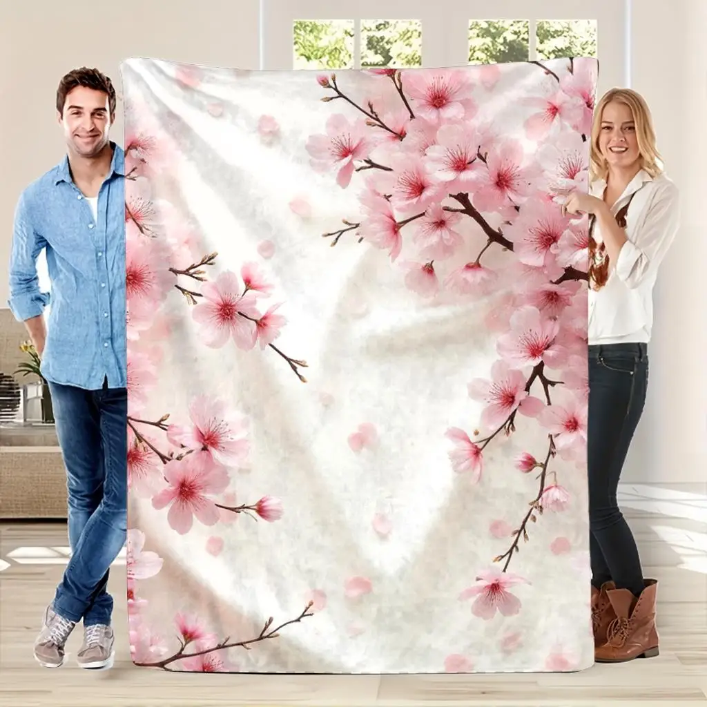 Cherry Blossom Blanket Pink Sakura Flowers On White Background Soft Fleece Throw Cozy Home Decor Gift For Spring And Japan Fans