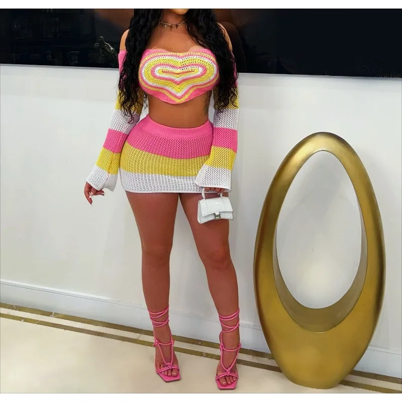 

2026 Women's Clothing Spring and Summer Fashion Hand-crocheted Love Wool Multi-color Slim-fit Hip Skirt Two-piece Set