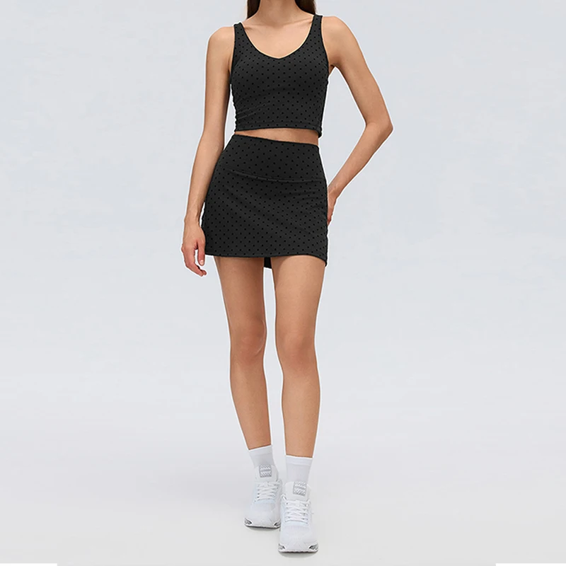 

Women Black Polka Dot U Back Cami & Nylon Bodycon Mini Skirt 2Pcs Set, Sexy Casual Business Outfit