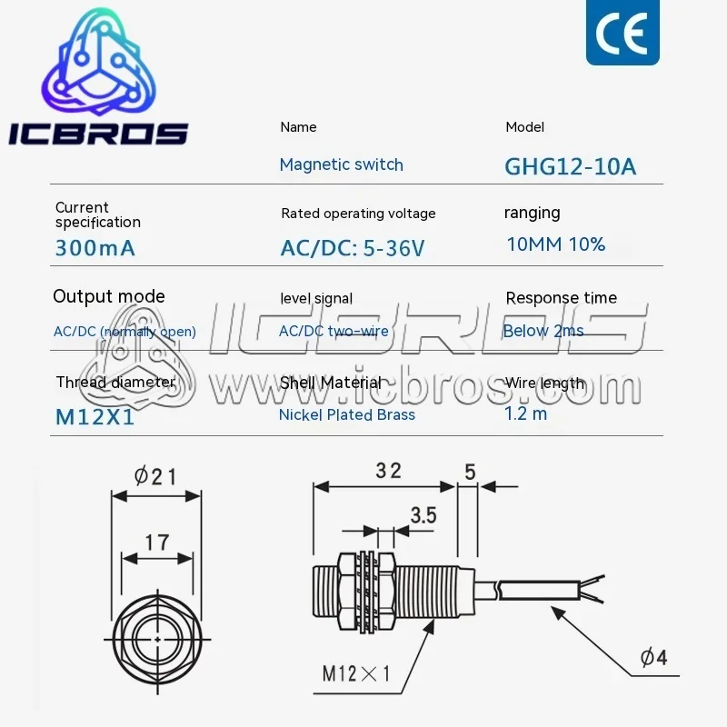 GHG12 Magnetic Proximity SenSing Switch GHG12-10A DC Two Wire Universal SenSor 0-36V Normally Open 24V