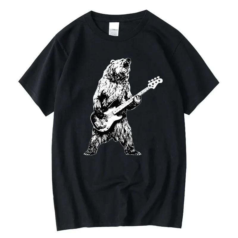 Camiseta de manga corta para hombre, camisa de alta calidad, 100% algodón, diseño divertido de oso jugando a la guitarra, holgada
