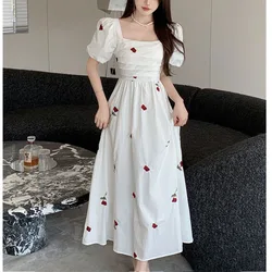 Large Size French Rose Westernization Puff Sleeve Women Summer Square Neck Corset White Printing Solid Color Comfortable Dress