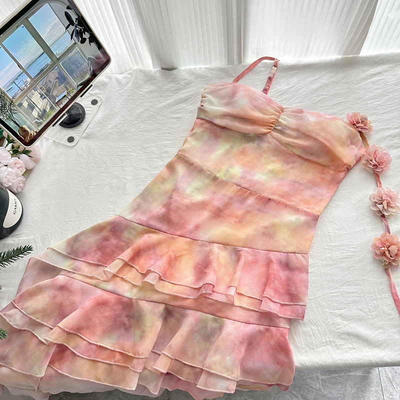 Robe de plage d'été pour femmes, Sexy, Chic, à volants, robes irrégulières, mode coréenne, Harajuku, teinture par nouage, fleur, vacances, fée