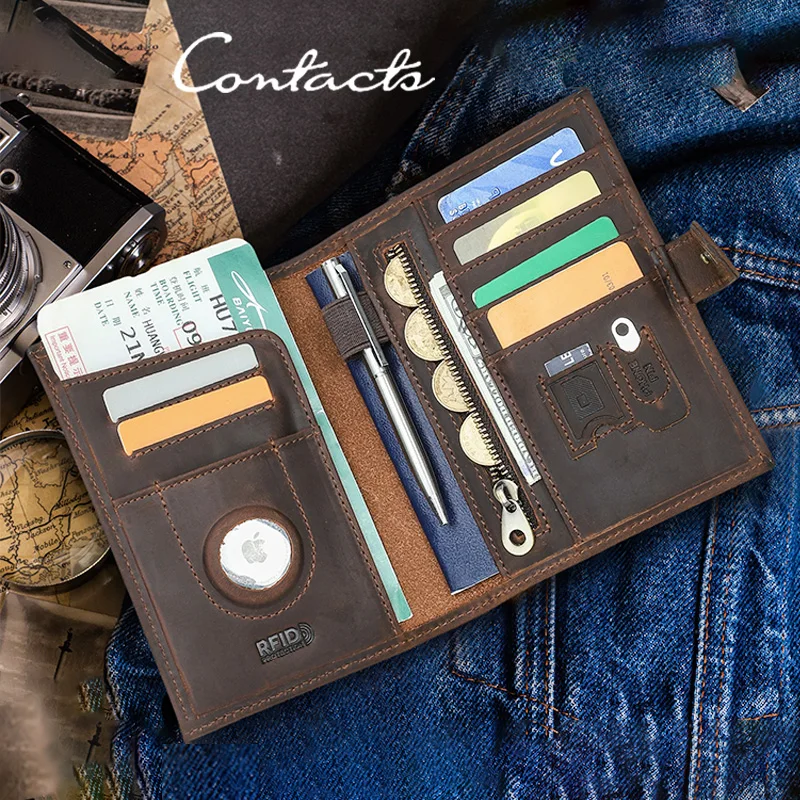 

Кошелек для паспорта CONTACT'S в стиле ретро из натуральной кожи, мужской, с RFID-защитой, слотом для AirTag, держателем для ручки и карт, женский, дорожный, подарочный, с отделением для монет