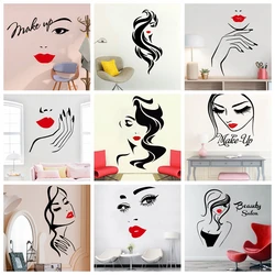 Double Color Beautiful Lady Hairdresser Wall Stickers For Beauty Salon Lady's Red Lips Vinyl Makeup Sticker Hair Barbers Decals