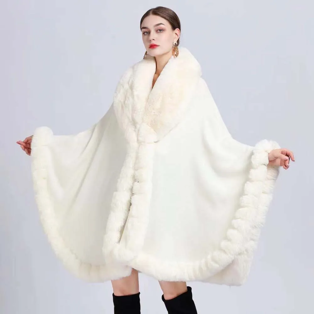 

2025 New Women Imitation Otter Rabbit Fur Collar Hooded Imitation Cashmere Loose Ponchos Capes Cloak
